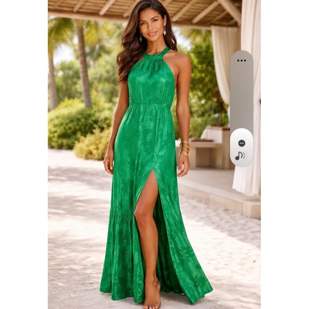 Saylor Maxi‎ Dress Women Size S Green Floral Jacquard Halter Neck Slit Open Back